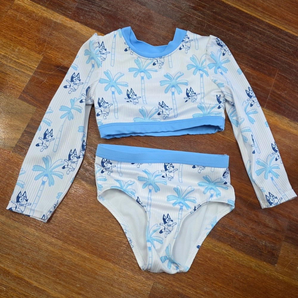 Bluey Girls 2T Two Piece Swimsuit Rash Guard Long Sleeve Palm Tree Blue White